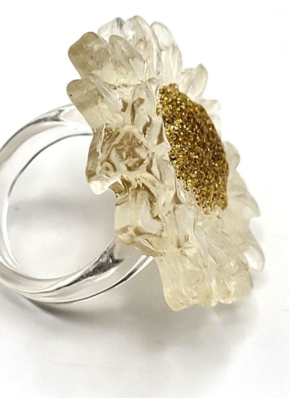 Clear Resin Daisy Flower Ring – Handmade Statement Glitter Center sz 6.5